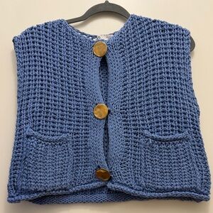Zara Blue Chunky Knit Sweater Vest with Metallic Buttons Size Small